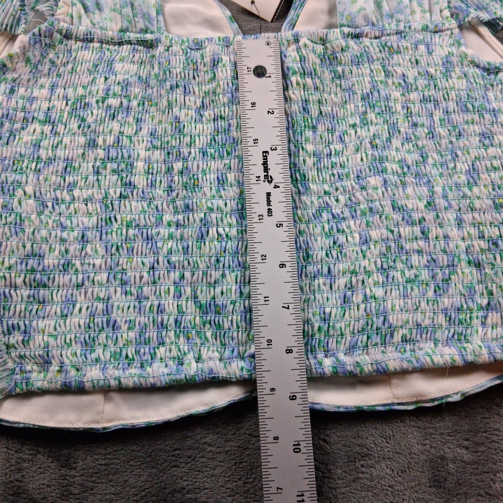 NWT ASTR The Label Floral Crop Top Womens Small Blue Green Ruched Flutter Sleeve - Picture 7 of 9